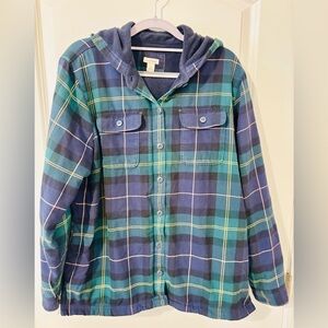 LL Bean Shacket Mens Medium Blue Plaid Fleece Lined Flannel Shirt Hooded Tartan